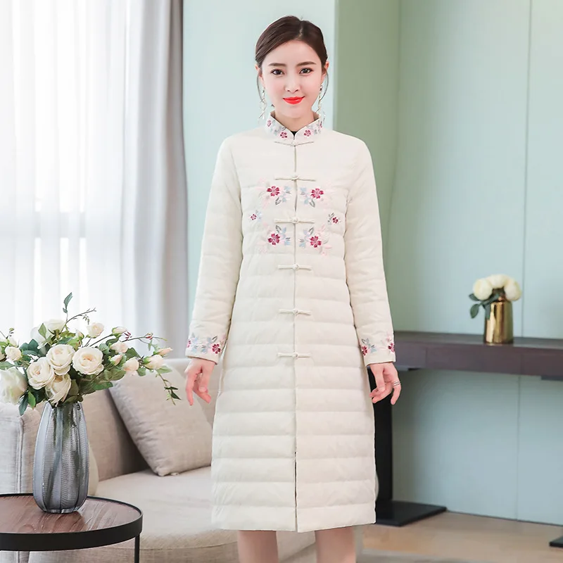 

2018 Season New Style Retro Chinese-style Embroidered Overcoat Mid-length Warm Cotton Coat over-the-Knee Coat