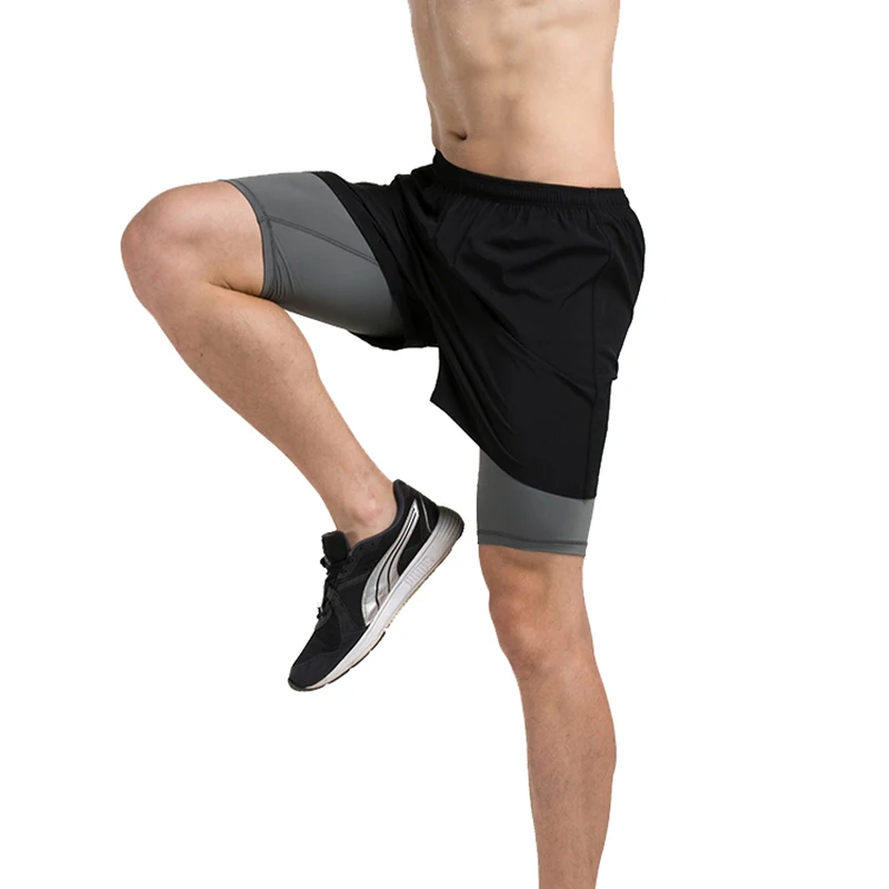Clearance Men‘s 2 in 1 compression Black Woven Shorts Have Inside Lined
