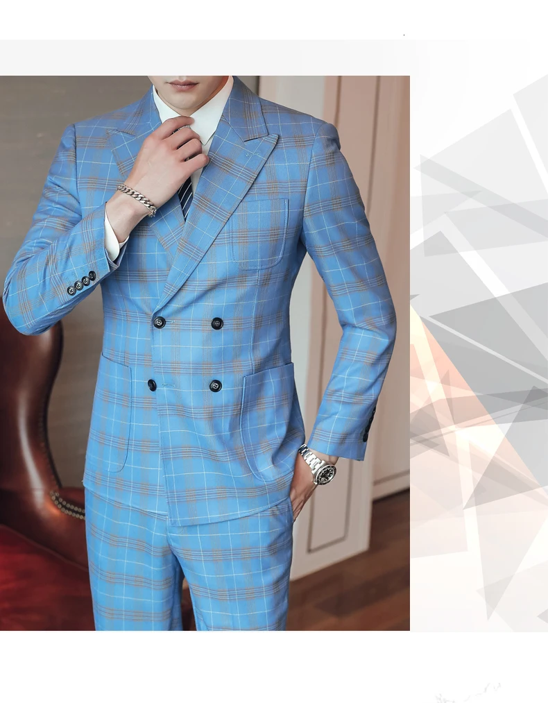 Trajes De Vestir Para Hombres, двубортные костюмы, Синие Клетчатые костюмы, мужские костюмы, мужские костюмы с брюками, клубный комплект из 3 предметов