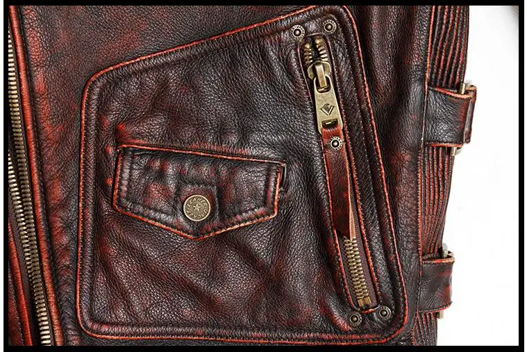 Винтажная коричневая американская мужская Байкерская кожаная куртка размера плюс XXXXL из натуральной толстой воловьей кожи, осенняя приталенная мотоциклетная куртка