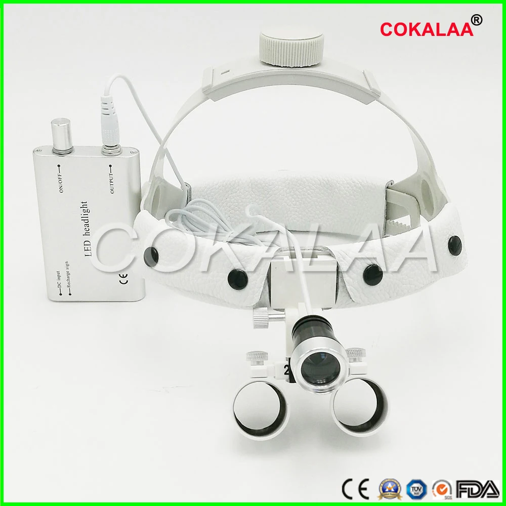 Dental Surgical Binocular 2.5 X 420mm Leather Headwear Loupe and LED Headlight