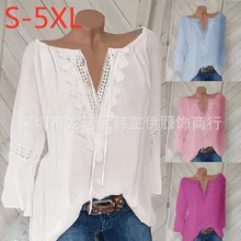 Plus size women blouse 2020 loose lace lace stitching tie thin shirt