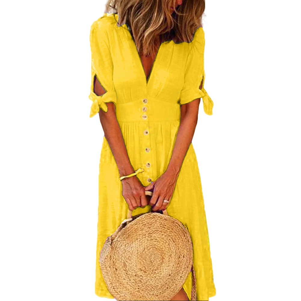 cover up beachwear 2021 New Summer M-4XL Woman Vintage Deep V Neck Dress Elegant Solid Color Tied Half Sleeve Button Long Dresses Beach Street Work bathing suit dress cover ups Cover-Ups