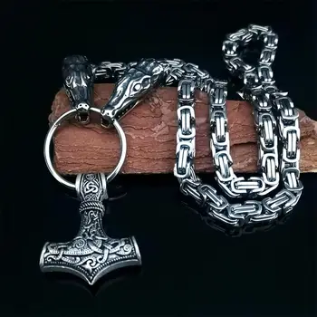 

Nordic Viking Thor Thor's Hammer Pendant Necklace Stainless Steel Crocodile Head Chain Necklace Exaggerated Emperor Necklace