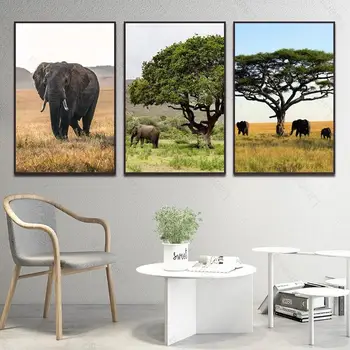 

Modern Realistic Art Poster African Elephant & African Savannah Landscape Animal Painting HD Print Picture Mural Home Wall Decor