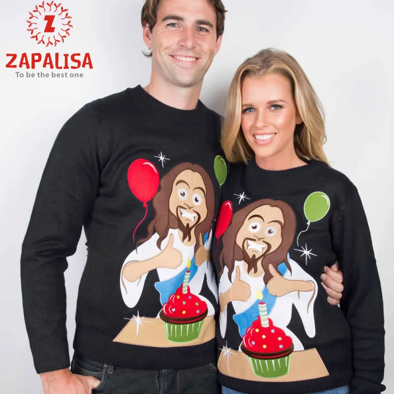 Funny Jesus Cartoon Print O-Neck Couple Pullover Winter Streetwear Elegant Black Long Sleeve Sweatshirts