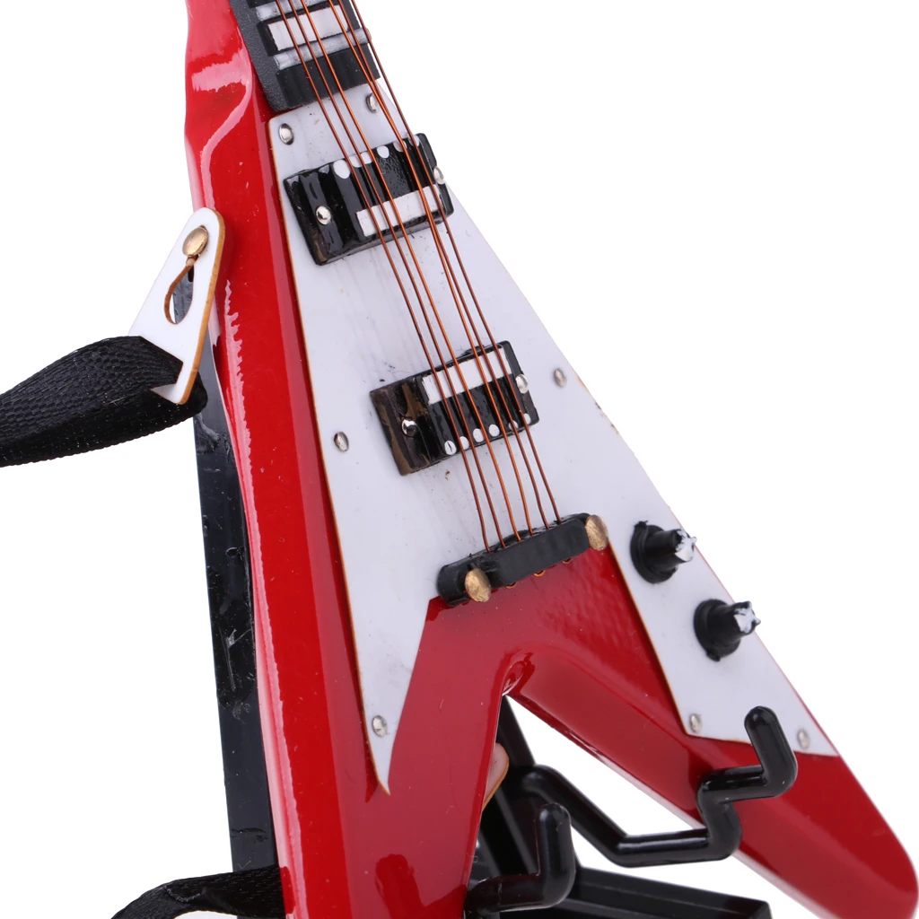 1/6 Scale Miniature Musical Instrument Model Come With Stand & PU Box for Action Figures Dolls Accessory-Wooden V Guitar Model
