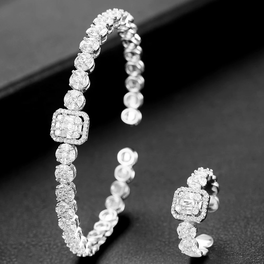 Silver GODKI, роскошный квадратный браслет, набор колец, ювелирные наборы для женщин, свадебные с кубическим цирконом, Кристалл CZ aretes de mujer, современный стиль - Окраска металла: Silver