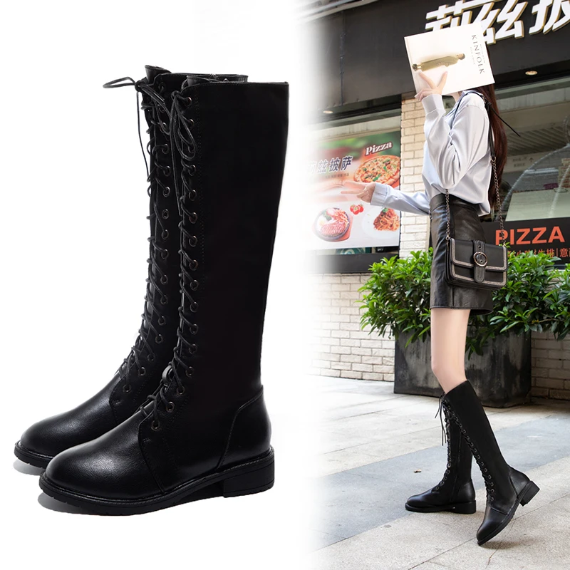 

Size 35-40 2019 New Knee High Women's Rain Boots Autumn PU Leather Zipper Shoes Woman Flat Heels Female Classic Black Boot
