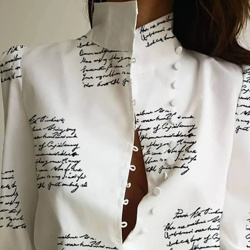  Women Stand Neck Buttoned Blouse Shirt Office Ladies Letter Print Puff Long Sleeve Pullovers Casual