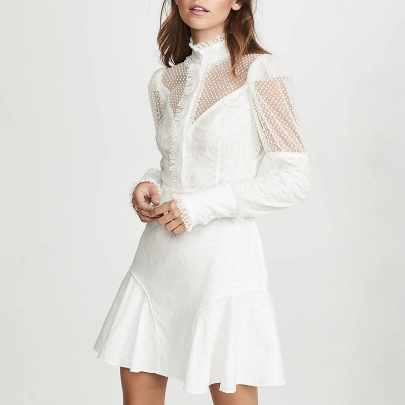 CHICEVER Polka Dot Women's Dress Stand Collar Long Sleeve High Waist Patchwork Lace Slim Mini Dresses Female Autumn New