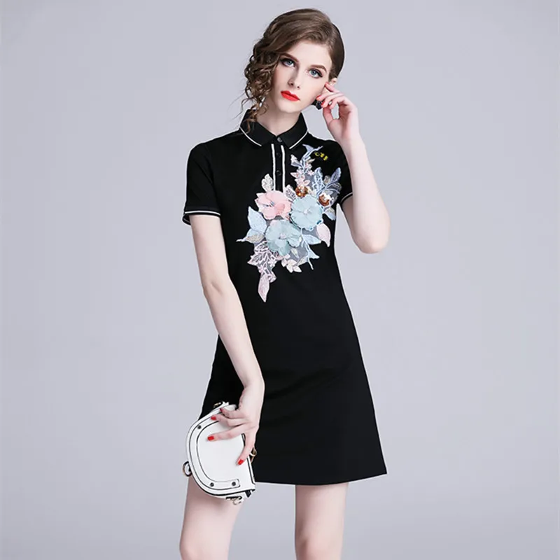 Fashion 3D Embroidery Sequins Flower T Shirts Dress Summer Short Sleeve Party T-Shirt Mini Dress Casual Stretch Vestidos