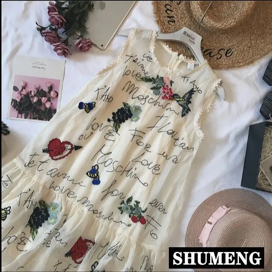 

2019 New Fashion Summer Women's Sweet Flower Love Sequins Embroidery A-line Dress Ladies Sleeveless Loose Tank Dresses