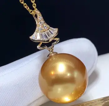 

D119 Fine Jewelry 18K Gold Natural Ocean Golden Pearl 12-13mm Diamonds Pendants Necklaces for Women FIne Pearls Pendants