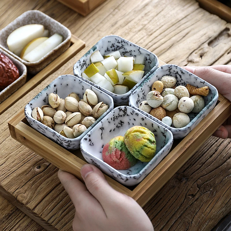 Fruit Plate Ceramic Dessert Plates Snack Dish Creative ceramic grid fruit plate snack plate serving platter Japanese small dish with tray Home desktop dried fruit snack tray