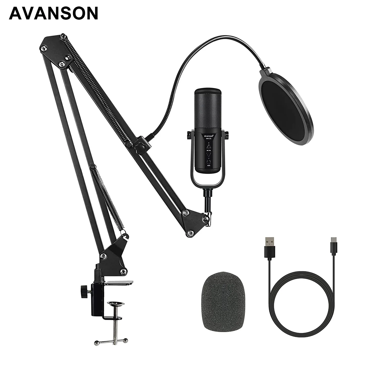 AVANSON Studio Condenser USB Computer Microphone Kit With Adjustable Scissor Arm Stand Shock Mount for YouTube Voice Overs AM-25 |