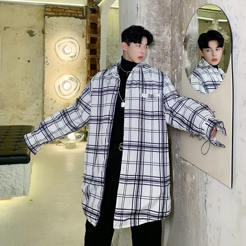 Long Plaid Shirt Jacket Male Streetwear 