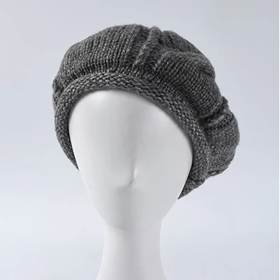 gray knitted hat Теплый Французский женский вязаный берет кавайная шапка женские шерстяные Зимние береты шапки s для женщин берет шапка в британском стиле - Цвет: gray knitted hat
