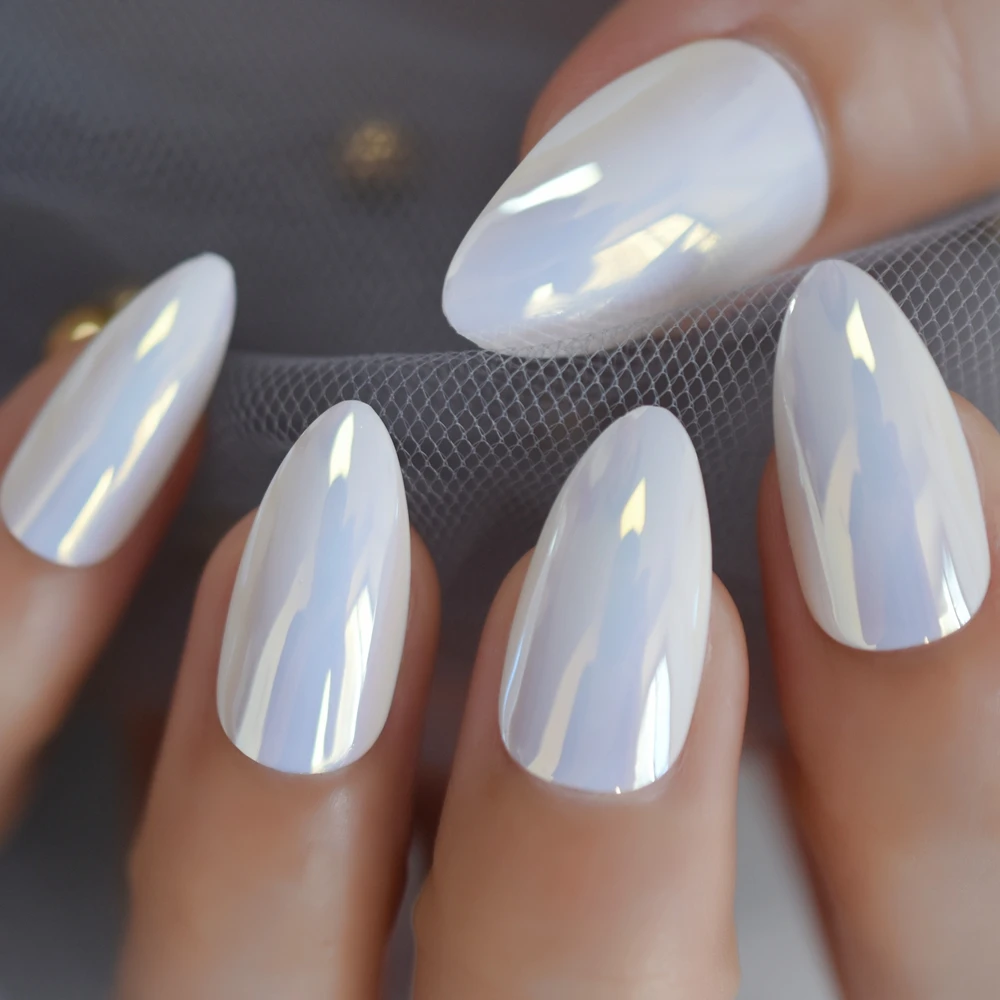 White Stiletto Simple Daily False Nail Duo Chrome Medium Sharp Nail Tips 24 Simple Designed Artificial Manicure Accessories