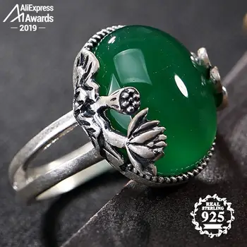 

S925 Fine Antique shop Rings Emerald Rings Luxury Taste Green Lotus Zen Vintage Natural Chalcedony moldavite peridot
