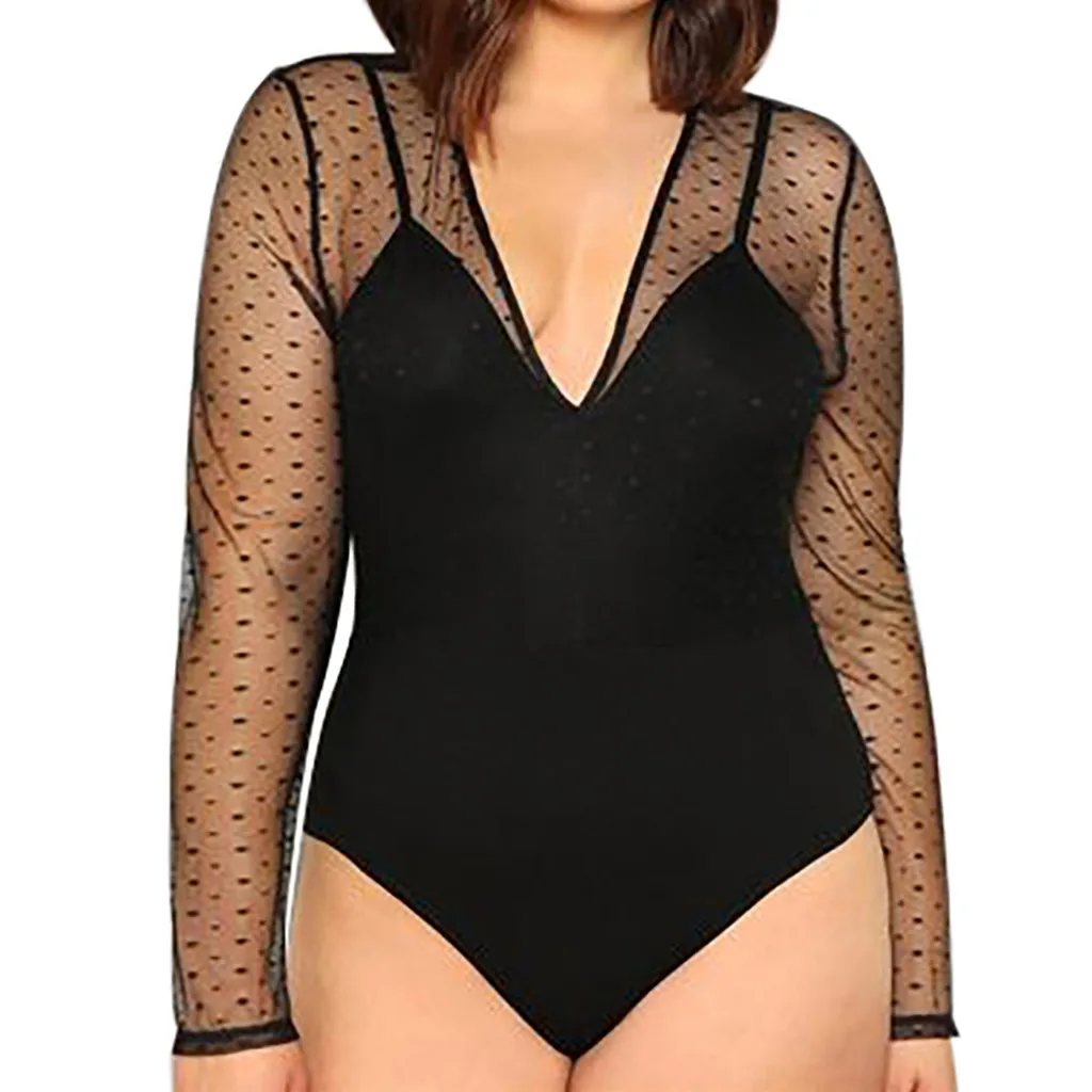 

feitong Plus Size Women bodysuit Perspective Splice Long Sleeve Sexy Tops Jumpsuit Lace Mesh Bodysuit Transparent Tops 9M3