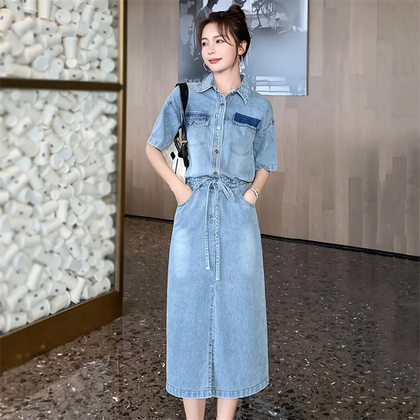 

2021 New Korean Fashion Casual Denim Denim Summer Short Sleeve Elegant Jeans Dress Women High Street Vestidos