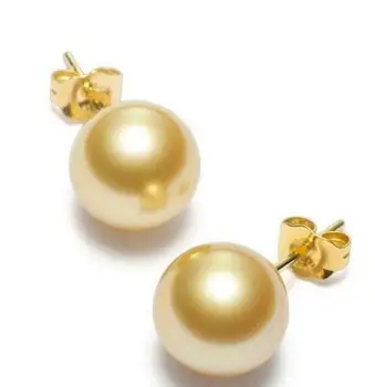 

Free shipping PAIR OF 9-10MM NATURAL AUSTRALIAN SOUTH SEA GENUINE GOLD PEARL EARRING 14K POST