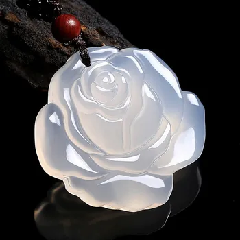 

Natural Chinese Agate White Chalcedony Flower Jade Pendant Necklace Fashion Charm Hand Carving Jewellery for Women Amulet Gifts