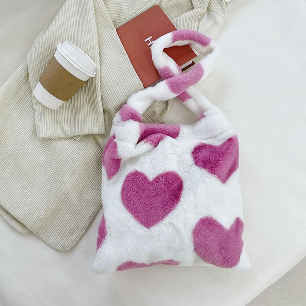 Women Plush Flower Pattern Shoulder Bags Female Cow Print Bucket Bags Love Heart Print Faux Fur Handbag Furry Fluffy Tote Bags