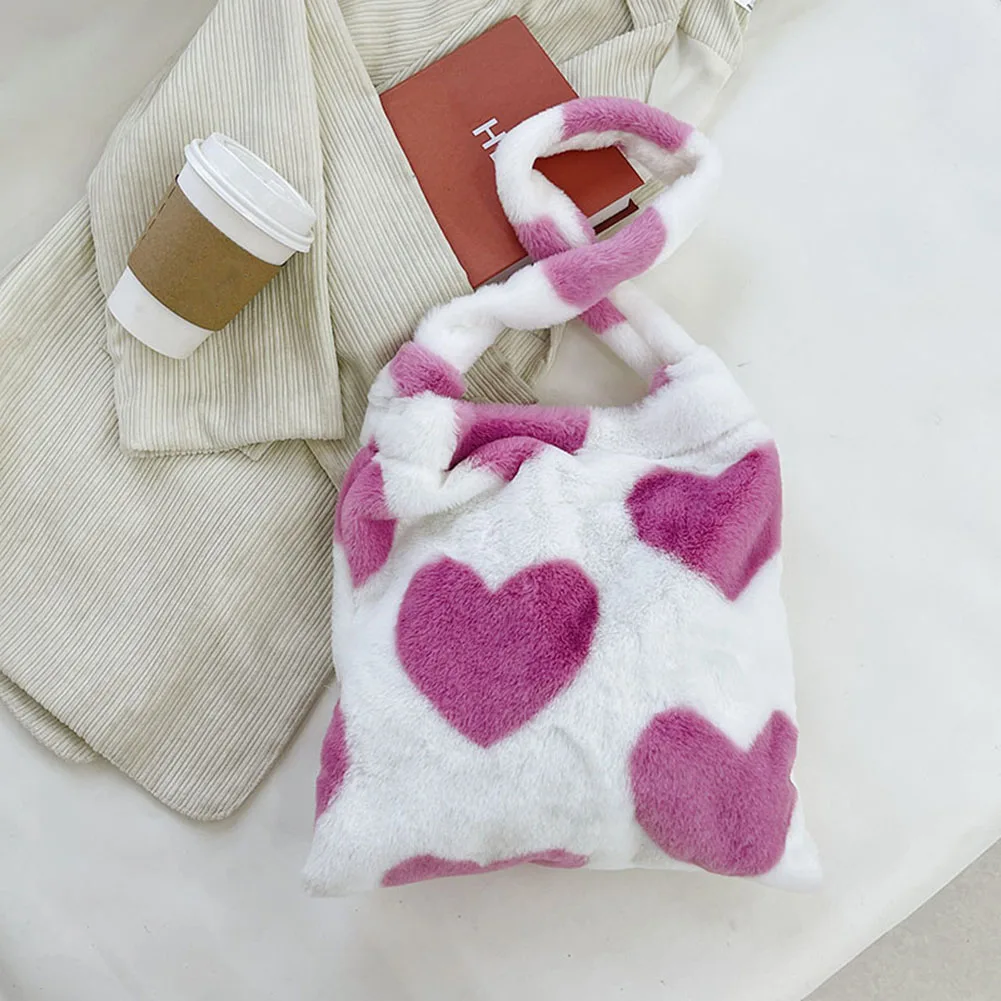 Women Plush Flower Pattern Shoulder Bags Female Cow Print Bucket Bags Love Heart Print Faux Fur Handbag Furry Fluffy Tote Bags 