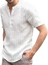 Camisa casual masculina de algodão e linho moda henley neck manga curta camisas M 3XL