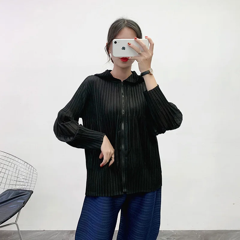 MIYAKE Плиссированное пальто с капюшоном, осень и зима, новинка, на молнии, тонкое и свободное, большой размер, плиссированное пальто