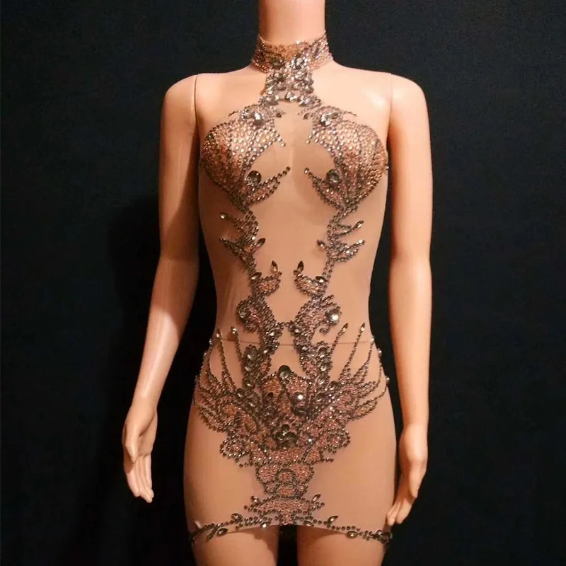 Стразы, сексуальное боди для женщин, Dj Gogo, танцевальные костюмы, кожа, сетка, короткое вечернее платье, для ночного клуба, для сцены, вечерние платья DQS3241