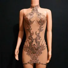 Стразы, сексуальное боди для женщин, Dj Gogo, танцевальные костюмы, кожа, сетка, короткое вечернее платье, для ночного клуба, для сцены, вечерние платья DQS3241