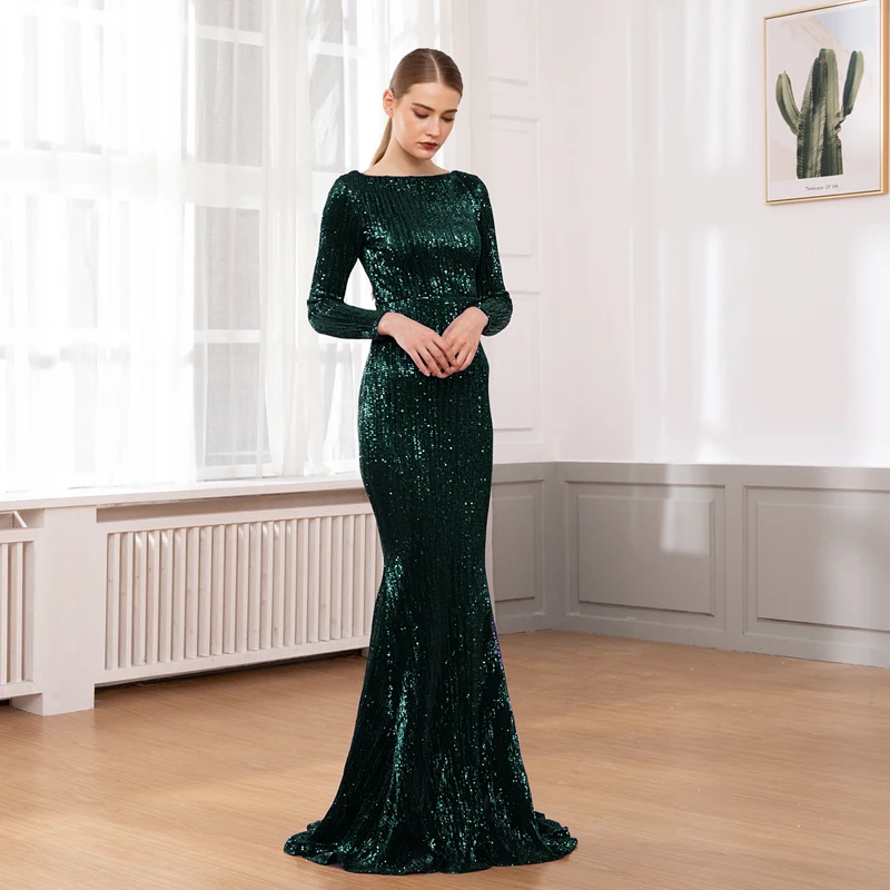 

Green Sequined O Neck Maxi Dress Full Sleeved Bodycon Elegant Party Dress Gown Stretchy Night Long Dress