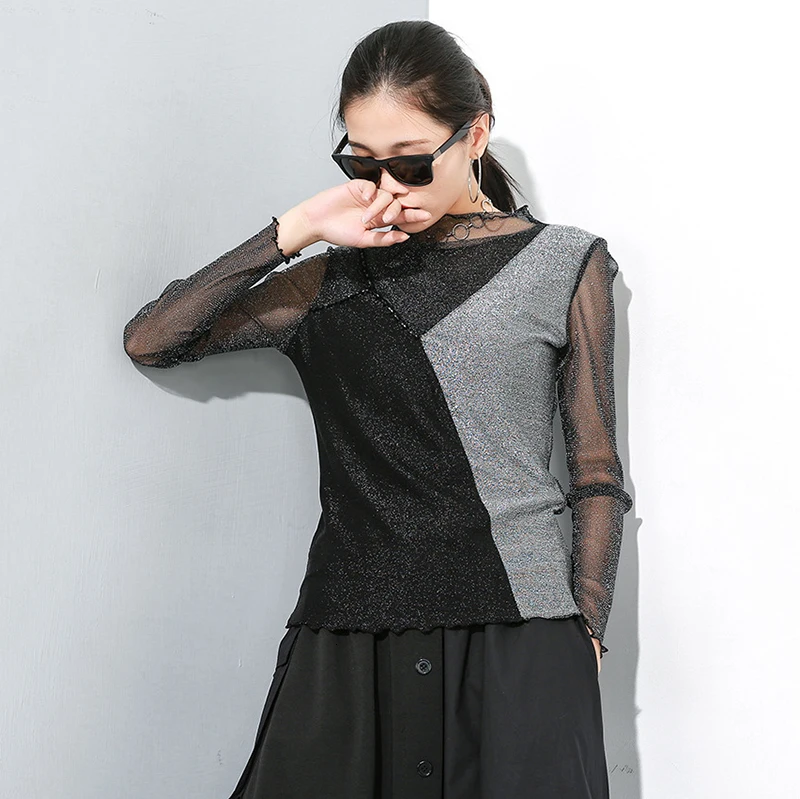 [EAM] Женская черная сетчатая футболка с разрезом, новая модная футболка с высоким воротником и длинным рукавом, весна-осень 19A-a237