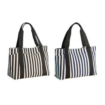 

Women Canvas Shoulder Bag Stitching Strips Casual Style Ladies Handbag Daily Use