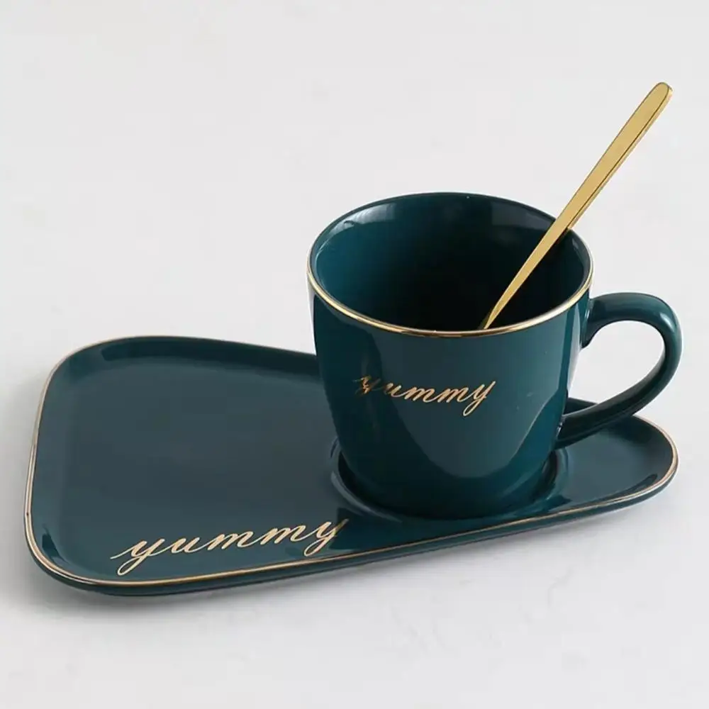 bright green set B Скандинавская керамическая кофейная чашка с ложкой и блюдцем, набор креативных европейских роскошных чашек для завтрака, закусок, послеобеденного чая, набор посуды с поддоном - Цвет: bright green set B