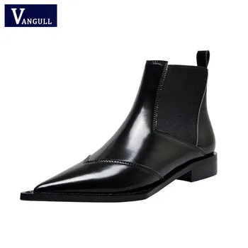 

Genuine Leather Women Ankle Boots Plus Size Pointed Toe Women Motorcycle Boots Slip-on Low Heels Black Shoes Female Botas Mujer
