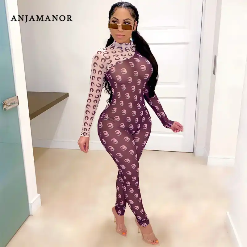 Anjamanor Fashion Moon Print Sheer Mesh Long Sleeve Bodycon Jumpsuit Women Clubwear Autumn Winter One Piece Outfit D16 Bh15 Jumpsuits Aliexpress