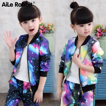 

2019 Autumn New Girls Clothes Set Jacket Pants 2 Piece Suit Starry Sky Coat Sports Casual Set Kids Sweater Set