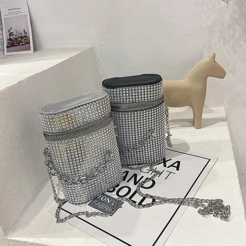 

Fashion Ladies Crossbody Bags Female Bolsas Small Chains Strap Shoulder Bag PU Leather Bright Diamond Barrel-shaped Handbags 929