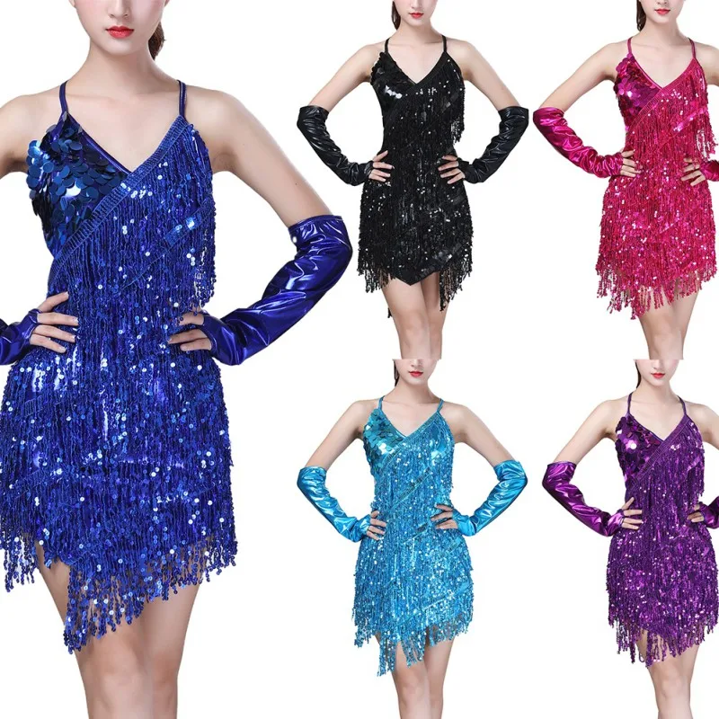 

Women Summer Lace Sexy Sequined Sling Halter Latin Dance Dress Tassel Costume Dance Mini Dress 2019 Newest