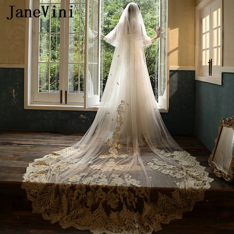 JaneVini винтажный двухслойный светильник, свадебная вуаль цвета шампанского с гребнем, Соборная Кружевная аппликация вуали для невесты, длинная вуаль для свадьбы, 3 м