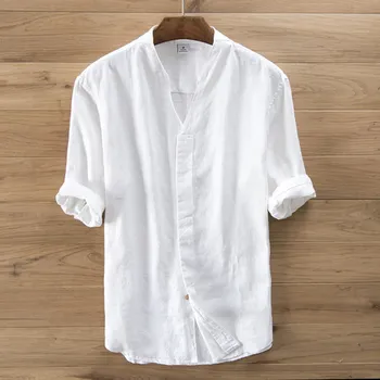 

New 2020 men's pure linen five sleeve shirt loose pure cotton linen shirt V-neck middle age Top Men's wear 3311