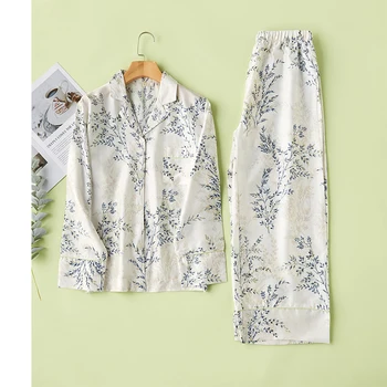

Summer Women Pajamas Set Floral Print Cotton Fresh Style Sleepwear Set Ladies Turn-down Collar Female Casual Homewear