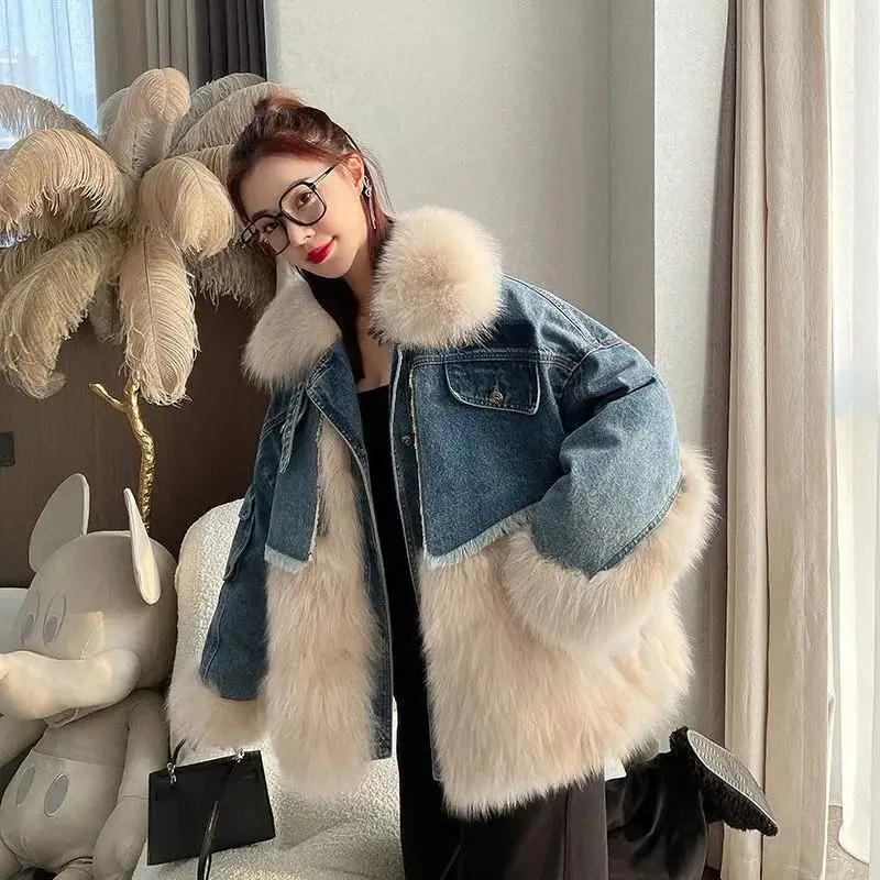 Loose Detachable Loose Bomber Fur Denim Jacket for Women - true deals club