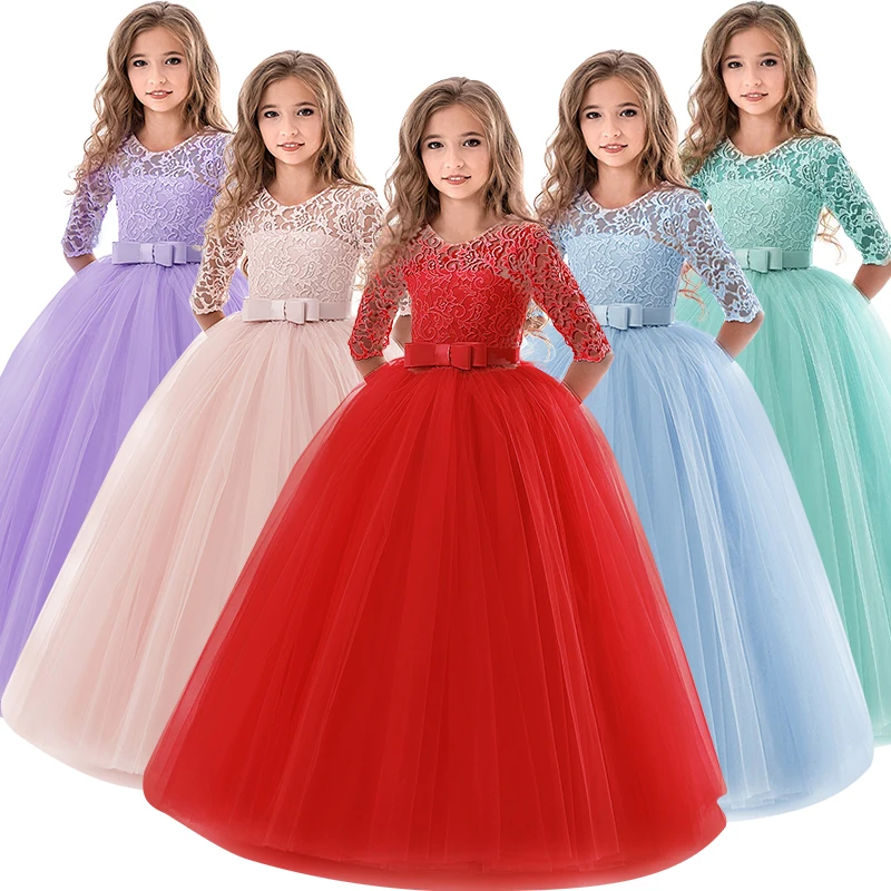 6-14 Years Flower Lace Dress Girls Clothes Princess Party Pageant Long Gown Kids Dresses