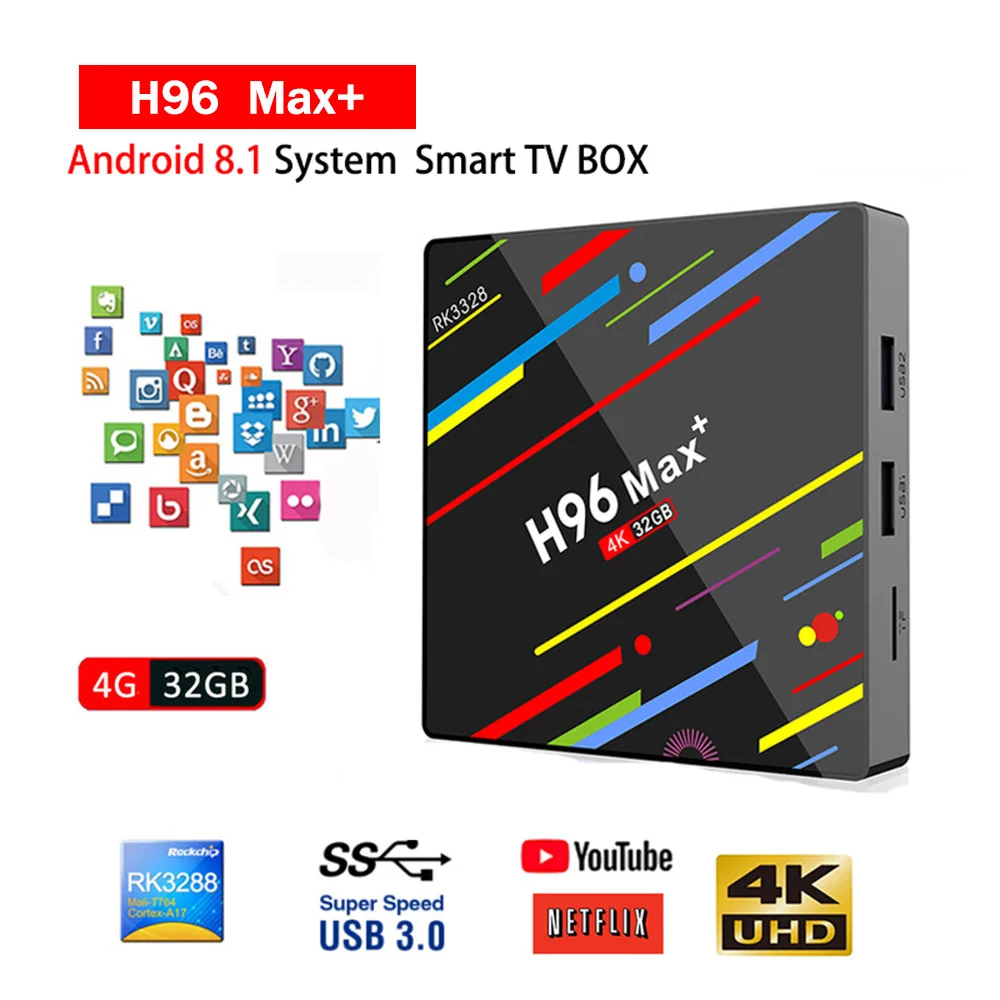 ТВ-бокс H96 MAX Plus Rk3328 Android 8,1 4 ГБ 32 ГБ телеприставка USB3.0 HD 4K поддерживает YouTube Netflix Smart IP tv Smarters SSIP tv DAZN
