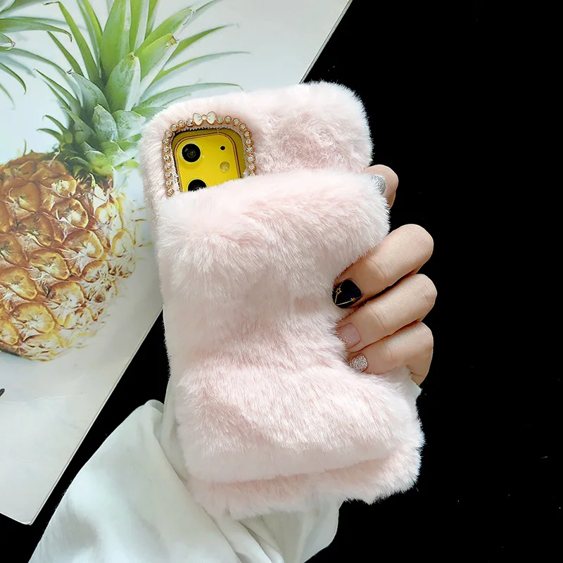 Pink Теплый плюшевый чехол Hands Rabbit для iPhone 11 Pro Max 6 6s 7 8 Plus перчатка дизайн Меховой чехол для iPhone X 10 XR XS Max чехлы для телефонов - Цвет: Pink